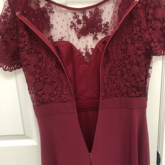 Burgundy Lace Bodice Maxi Dress with Cap Sleeves and Leg Slit from Maniju - Picture 6 of 12